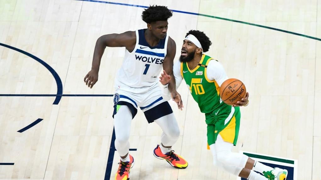 Anthony Edwards (L) and Mike Conley (R) facing off while Conley was still with Utah. He has since been traded to Minnesota to play alongside Edwards. (Photo: Alex Goodlett, Getty Images)
