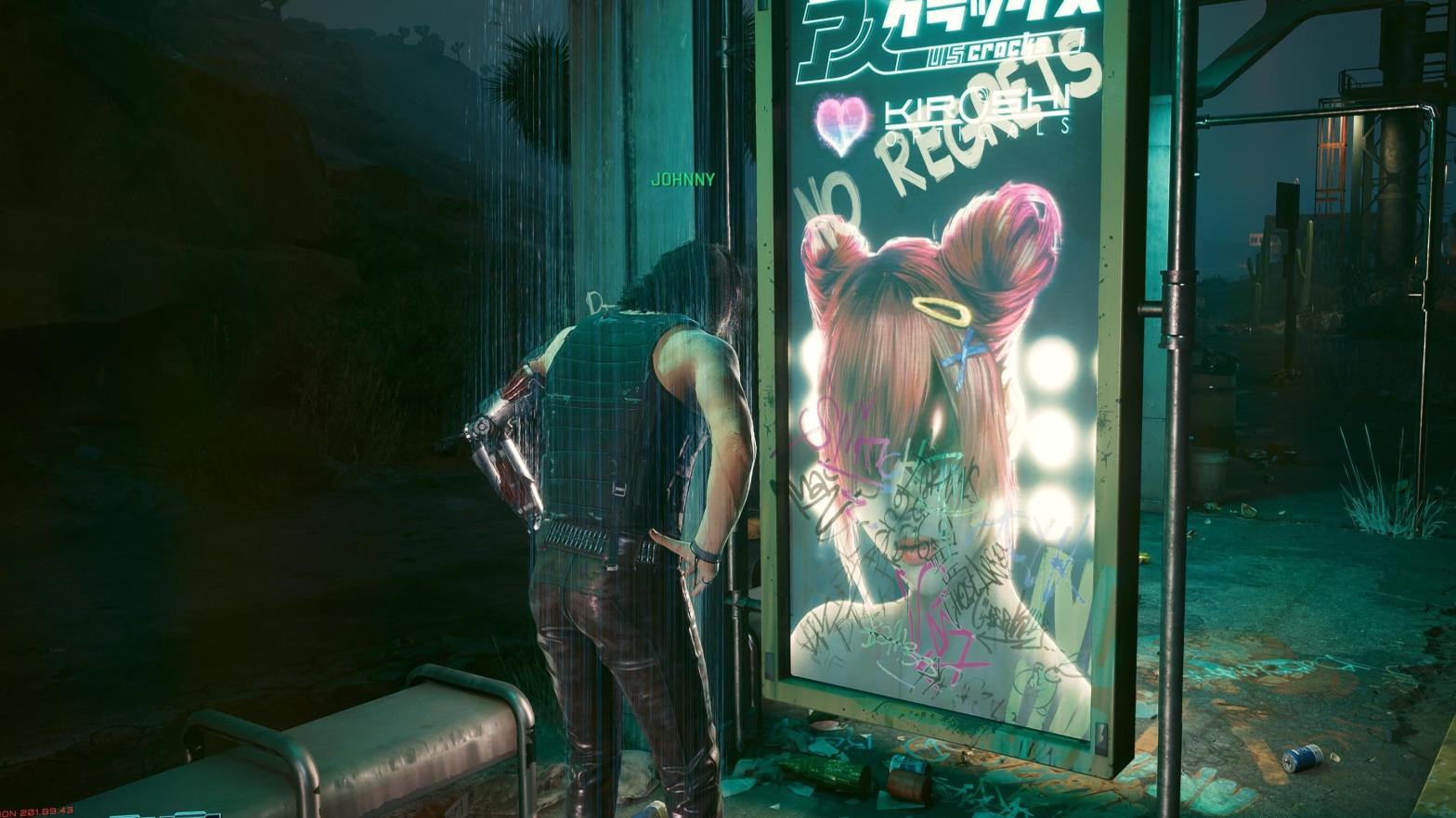 Keanu Reeves' Johnny Silverhand, probably admiring the improved textures on the ground under this remote bus stop (Screenshot: CDPR | Kotaku)
