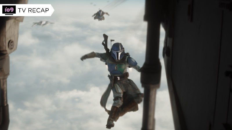 An unnamed Mandalorian lands on a drop ship in one of the only non-spoiler images released for the finale.  (Image: Lucasfilm)