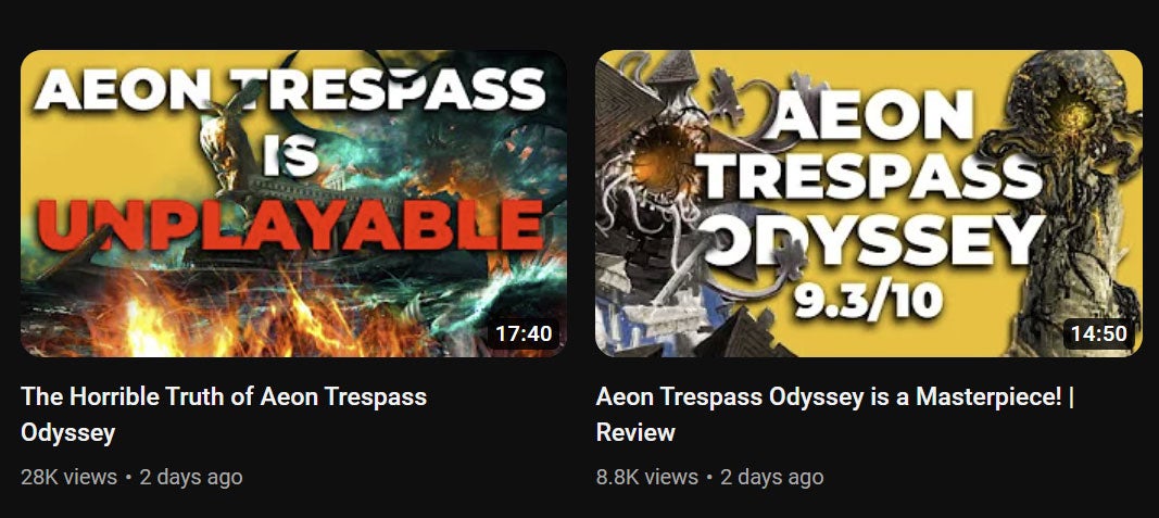 The two most recent videos about Aeon Trespass on Quackalope's channel (Screenshot: YouTube)