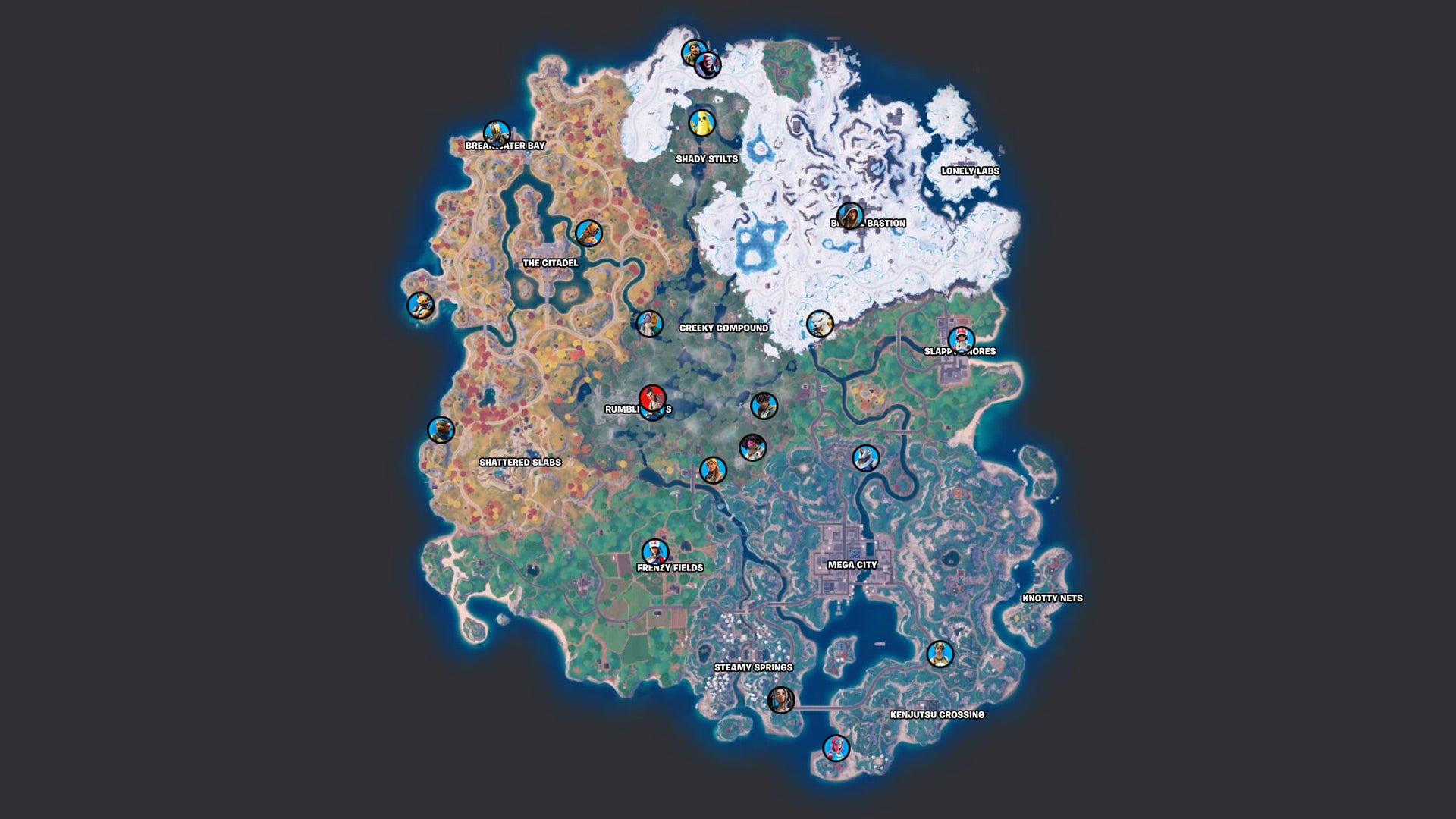 Locations are current as of Chapter 4, Season 3 on 6/22/23 (Image: Epic Games / Fortnite.gg / Kotaku)
