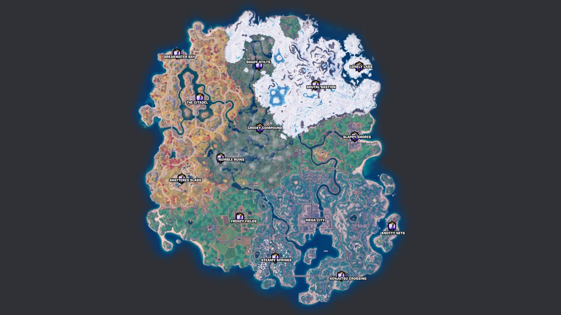 Locations are current as of Chapter 4, Season 3 on 6/22/23 (Image: Epic Games / Fortnite.gg / Kotaku)