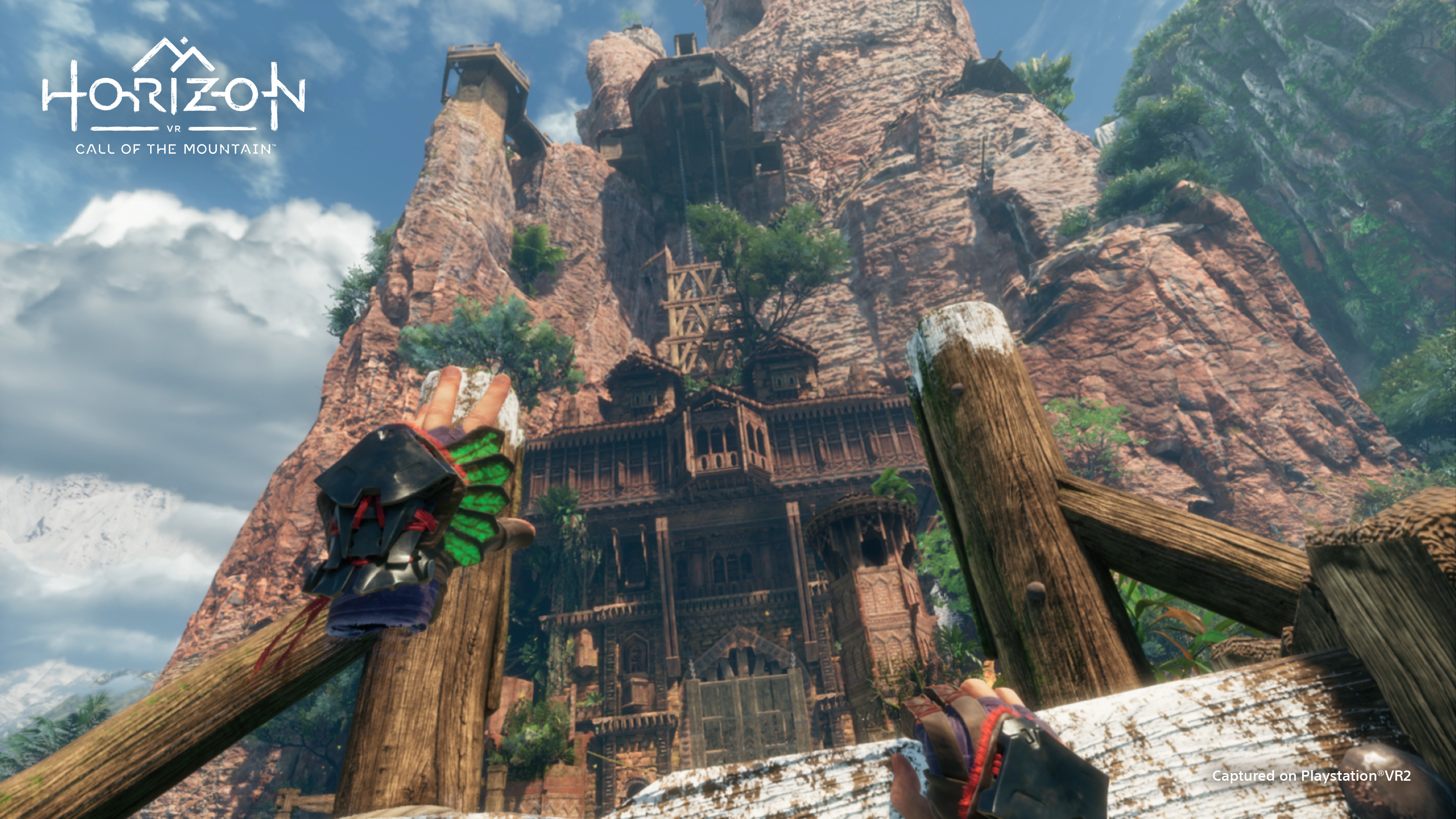 A screenshot featuring a temple with VR hands reaching up towards it